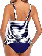 Casual Tankini Set - Women's Plus Striped Print 2 Piece Swimsuit