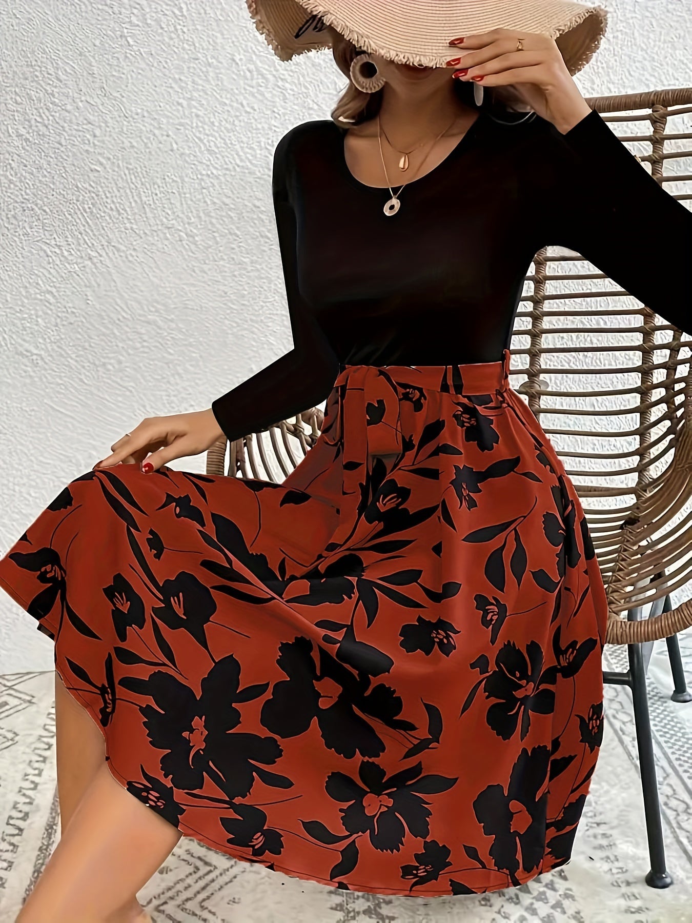 Colorblock Floral Print Long Sleeve Maxi Dress With Belt