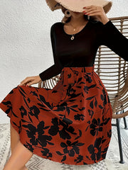 Colorblock Floral Print Long Sleeve Maxi Dress With Belt