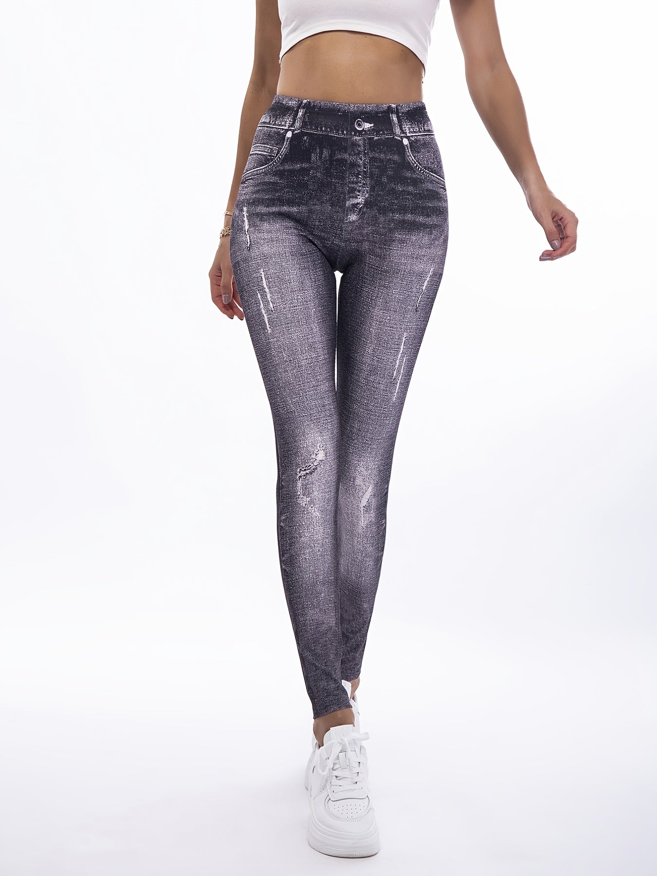 Denim Print Skinny Stretchy Leggings High Waist Lifting Yoga Leggings