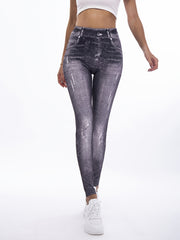 Denim Print Skinny Stretchy Leggings High Waist Lifting Yoga Leggings