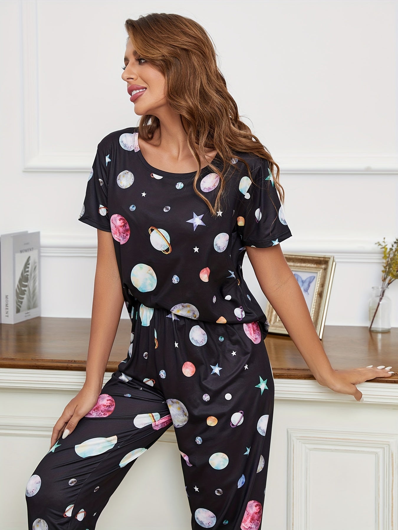 Planet Print Pajama Set Short Sleeve Top & Long Pants Women's Loungewear