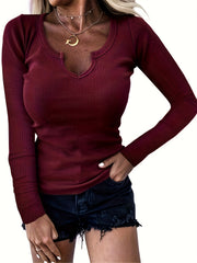 Solid Notched Neck Pullover Sweater Long Sleeve Slim Sweater Women's Clothing