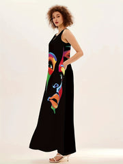 Abstract Face Print Maxi Dress Notched Neck Sleeveless Casual Dress