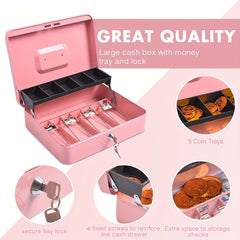 Portable Vault Cash Box with Money Tray and Lock Large Steel Money Box Pink