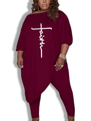 Women's Plus Letter Print Top & Pants 2pcs Outfits Set