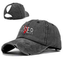 LOSER Embroidery Ponytail Baseball Cap Washed Distressed Ripped Cotton Sun Hat