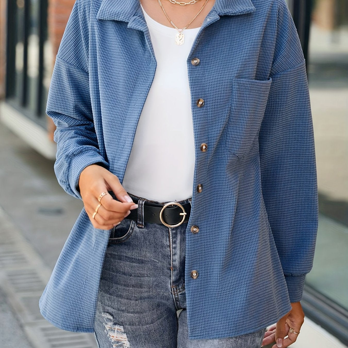 Solid Button Front Jacket Casual Long Sleeve Jacket For Women