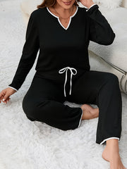 Contrast Trim Tee & Lace Up Pants Lounge Set Pajama