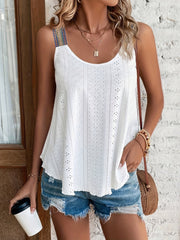 Eyelet Lace Stitching Tank Top Crew Neck Casual Top Women's Clothing