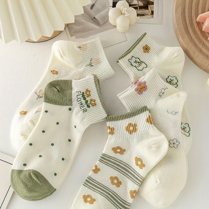 5 Pairs Floral & Bunny Print Socks Women's Stockings