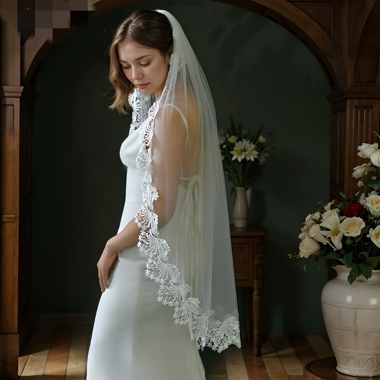 Bridal Veil Hair Accessory with Floral Lace Edge for Brides