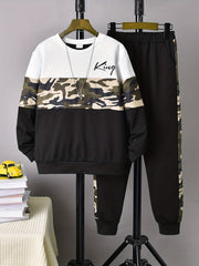 Boy's KING Print Outfit 2pcs Sweatshirt & Sweatpants Set for Spring Fall