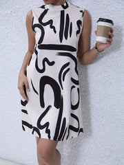 Brush Print Mock Neck Sleeveless Dress