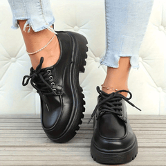 Women's Chunky Heel Loafers Lace Up Faux Leather Comfortable Walking Shoes