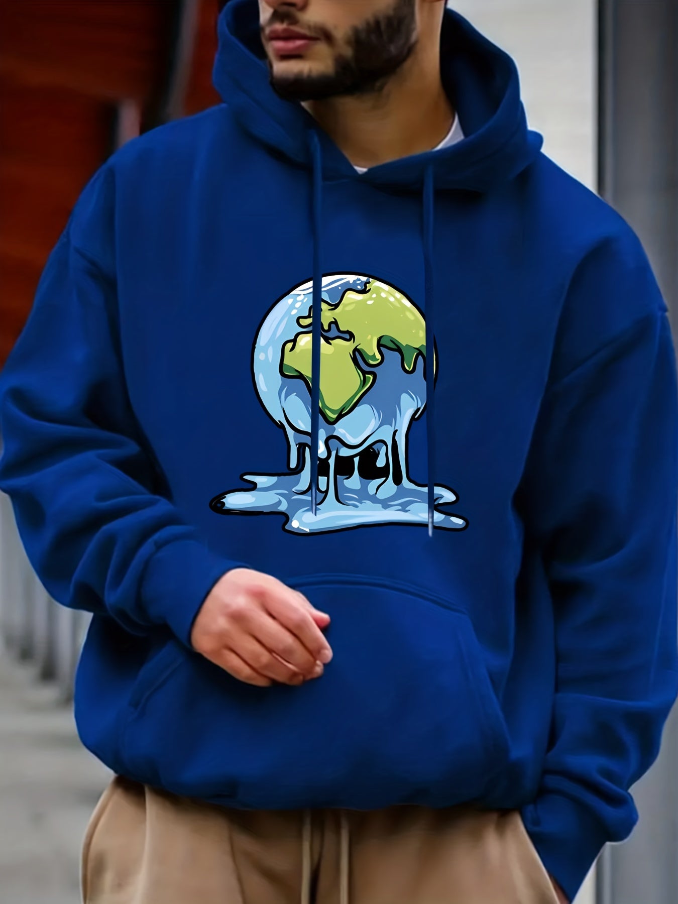 Melting Earth Print Hoodie Men's Casual Graphic Pullover Hooded Sweatshirt