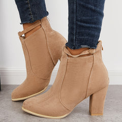 Women's Chunky High Heel Ankle Boots Pointed Toe Buckle Strap Back Zipper Shoes