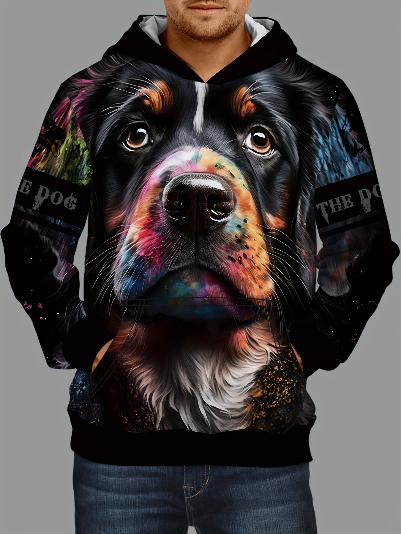 3D Print Dog Hoodie for Men, Comfy Loose Hooded Pullover