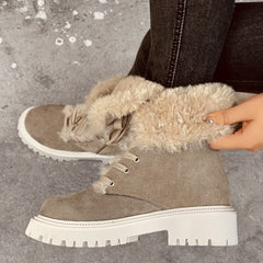 Women's Chunky Heel Plush Boots Lace Up Outdoor Boots