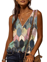 Print V Neck Zip Up Tank Top Sleeveless Summer Women's Clothing