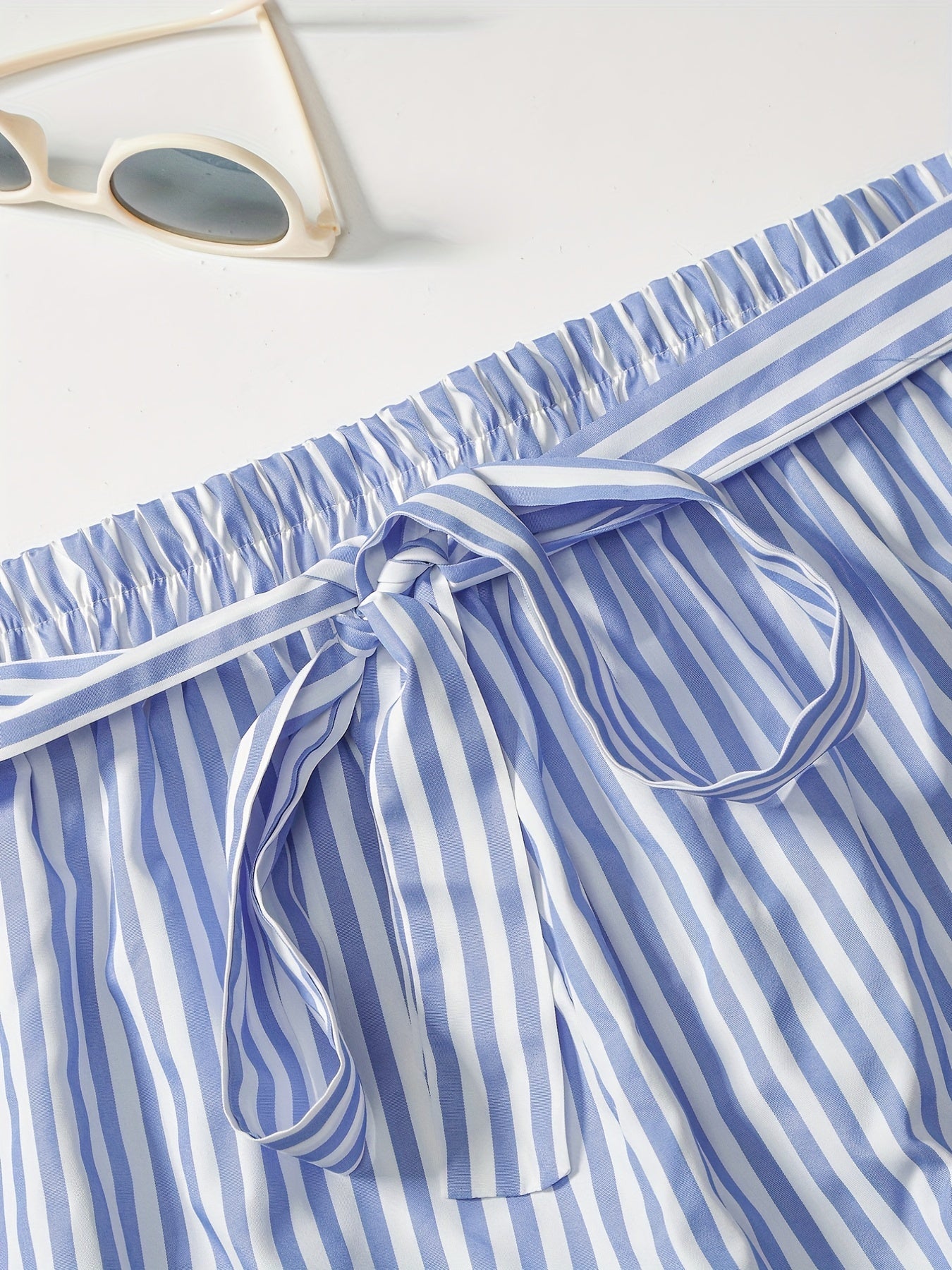 Casual Shorts Women's Plus Striped Print Elastic Belted Shorts