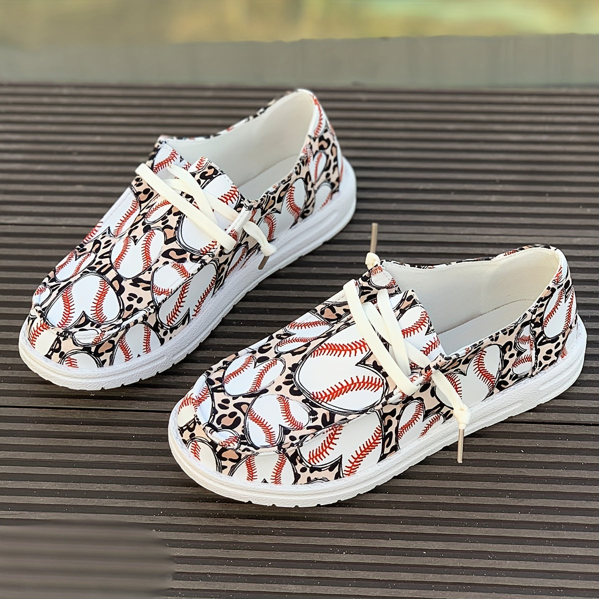 Women's Baseball Pattern Skateboard Shoes Flat Lace Up Sneakers