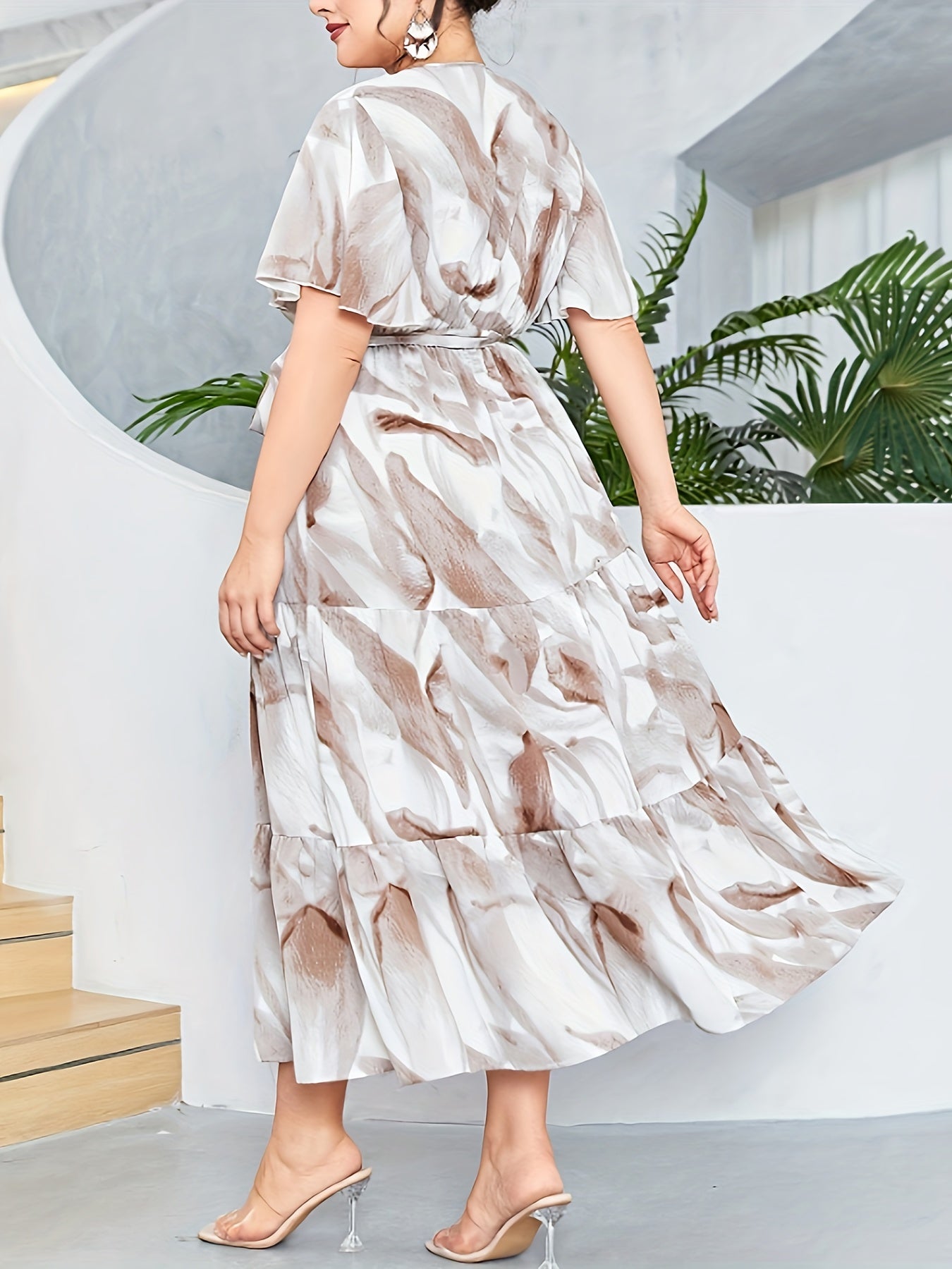 Plus Marble Print Butterfly Sleeve Smock Maxi Dress With Belt