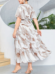 Plus Marble Print Butterfly Sleeve Smock Maxi Dress With Belt