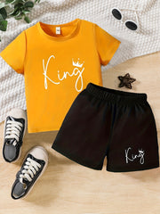 Boys King Crown Print Casual Outfit Round Neck T shirt & Shorts