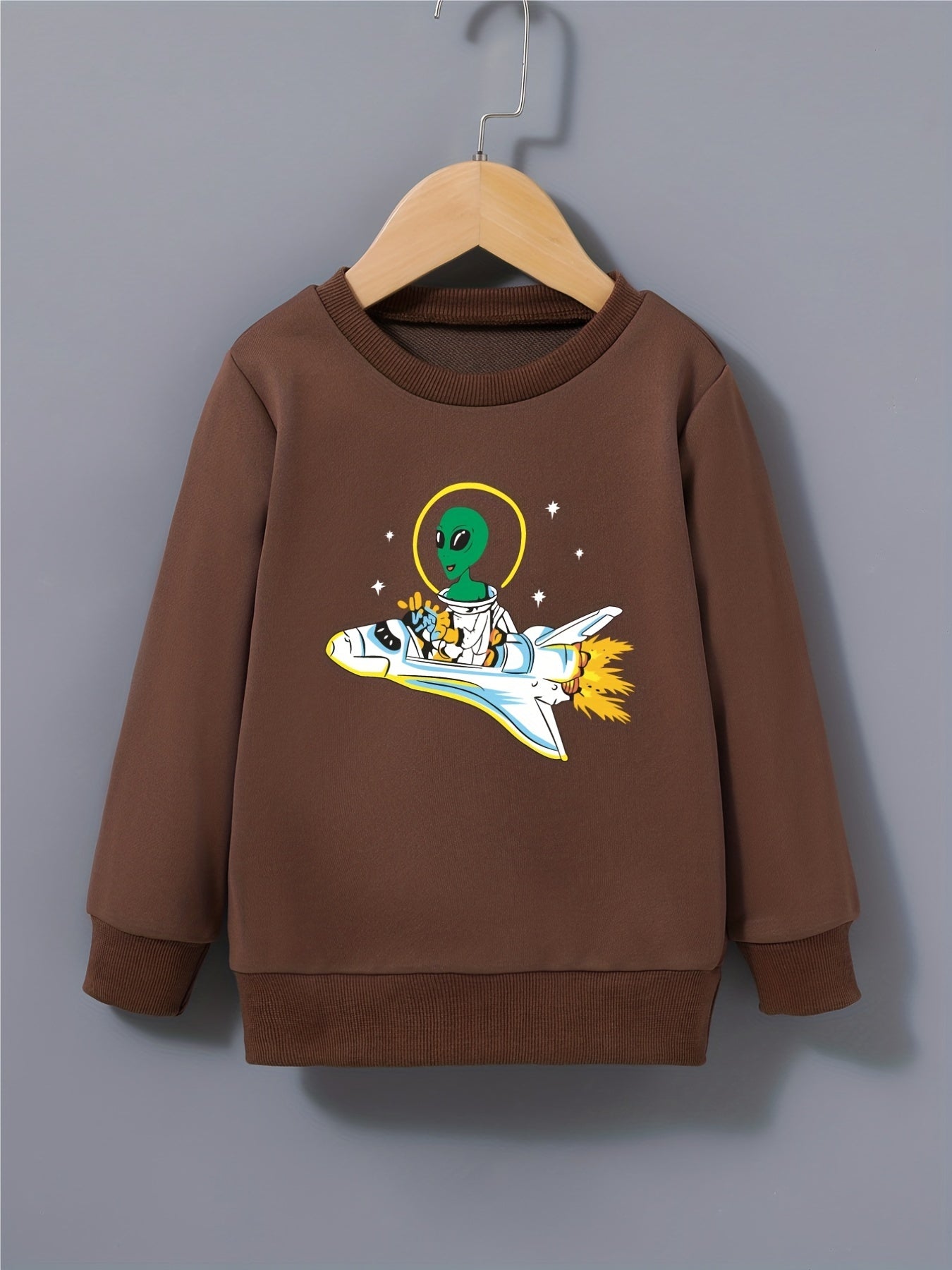 Boys Space Alien & Airplane Print Sweatshirt Crew Neck Top