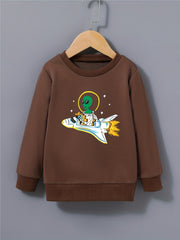 Boys Space Alien & Airplane Print Sweatshirt Crew Neck Top