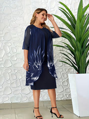 Mesh Floral Print Half Sleeve Midi Dress Women's Plus Medium Stretch