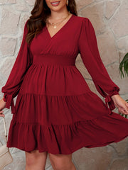 Solid Tie Long Sleeve Ruffle Trim Smock Dress