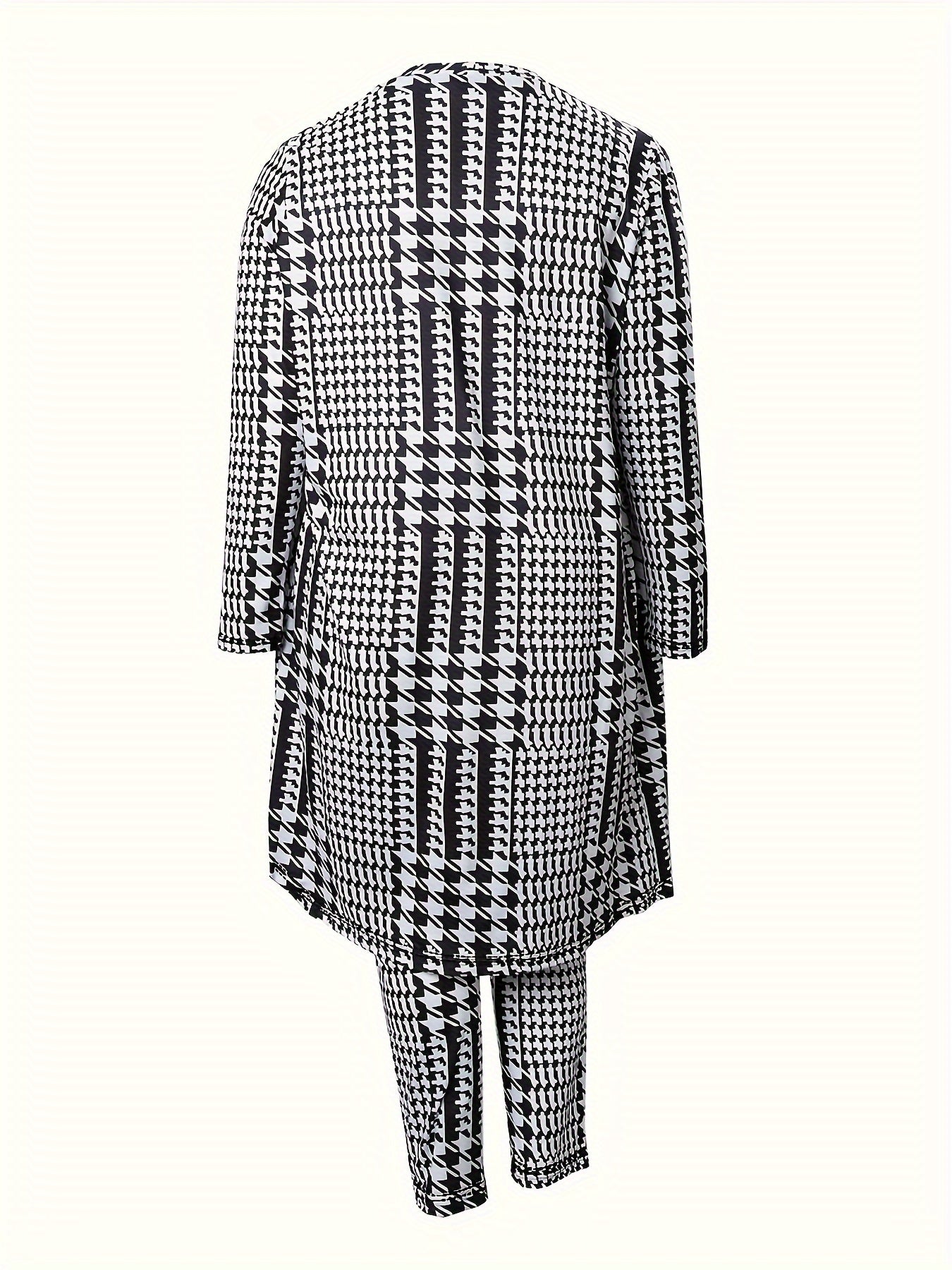 3-Piece Set: Solid Top, Houndstooth Pants, Long Sleeve Cardigan