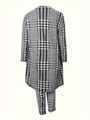 3-Piece Set: Solid Top, Houndstooth Pants, Long Sleeve Cardigan