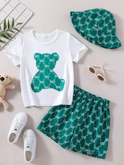 Bear Graphic Tee Top & Shorts & Hat 3pcs Suit Little Boys Outfit