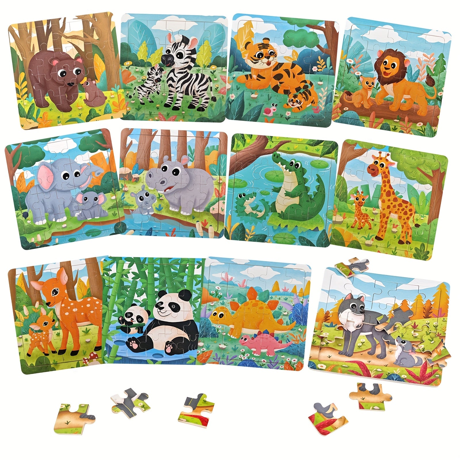 12pc Wooden Animal Puzzle Set Educational Preschool Toy Girls Boys Learning Gift