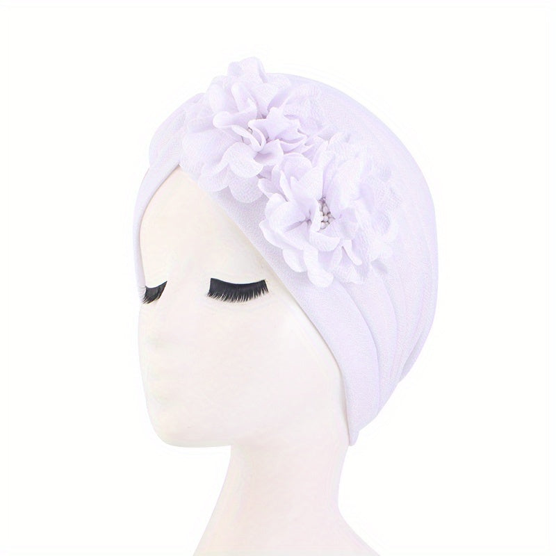 Double Flower Ruffles Turban Cap Solid Pleated Bonnet Head Wrap