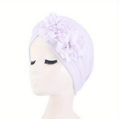 Double Flower Ruffles Turban Cap Solid Pleated Bonnet Head Wrap