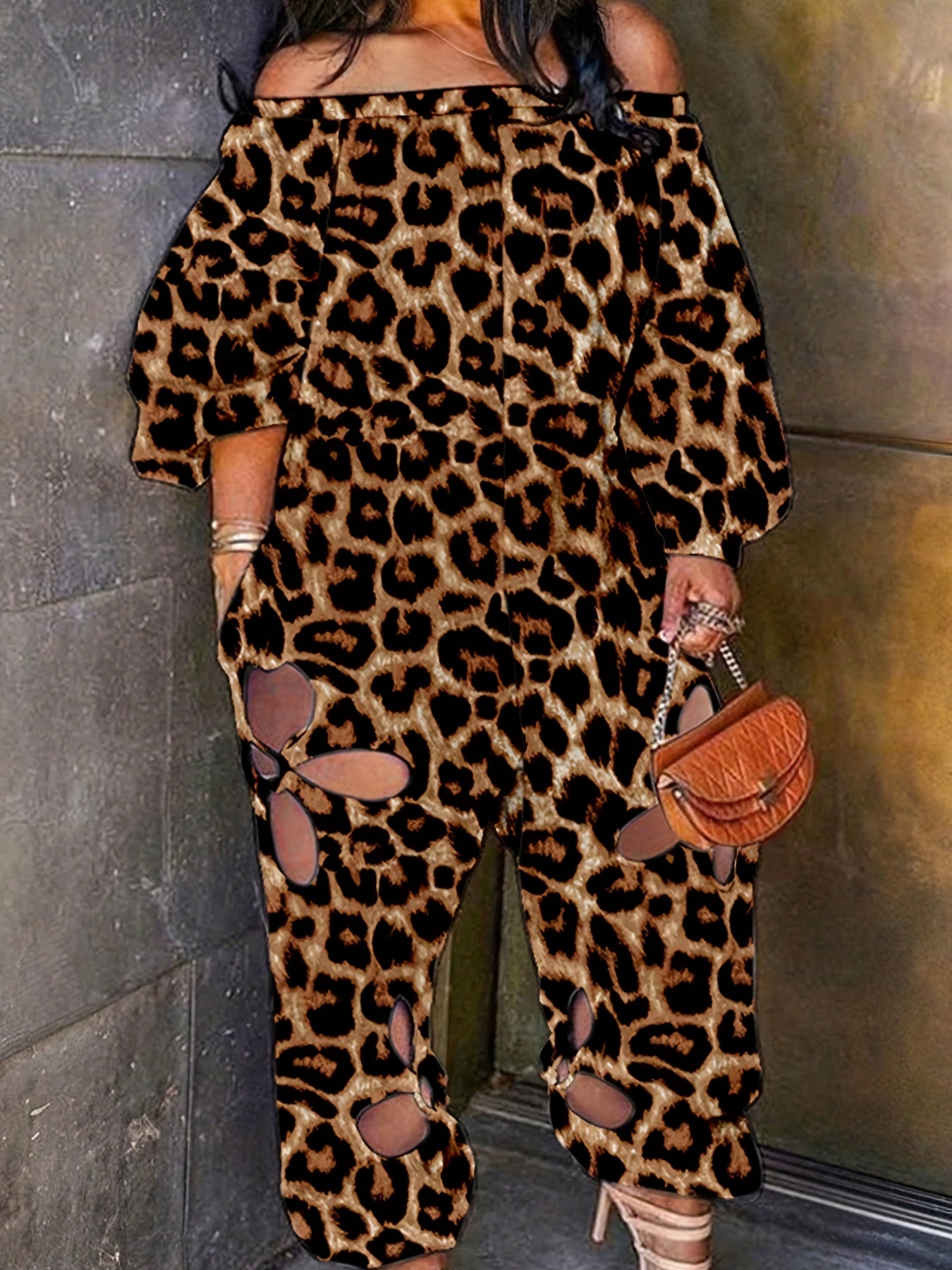 Leopard Cut Out Off Shoulder Lantern Sleeve Jumpsuit