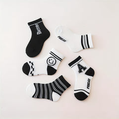 5 Pairs Kids Cartoon Printed Ankle Socks, Comfortable Skin-Friendly