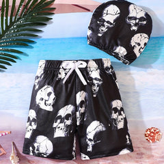 Boys Swimsuit 2 Piece Skull Print Shorts & Swim Cap