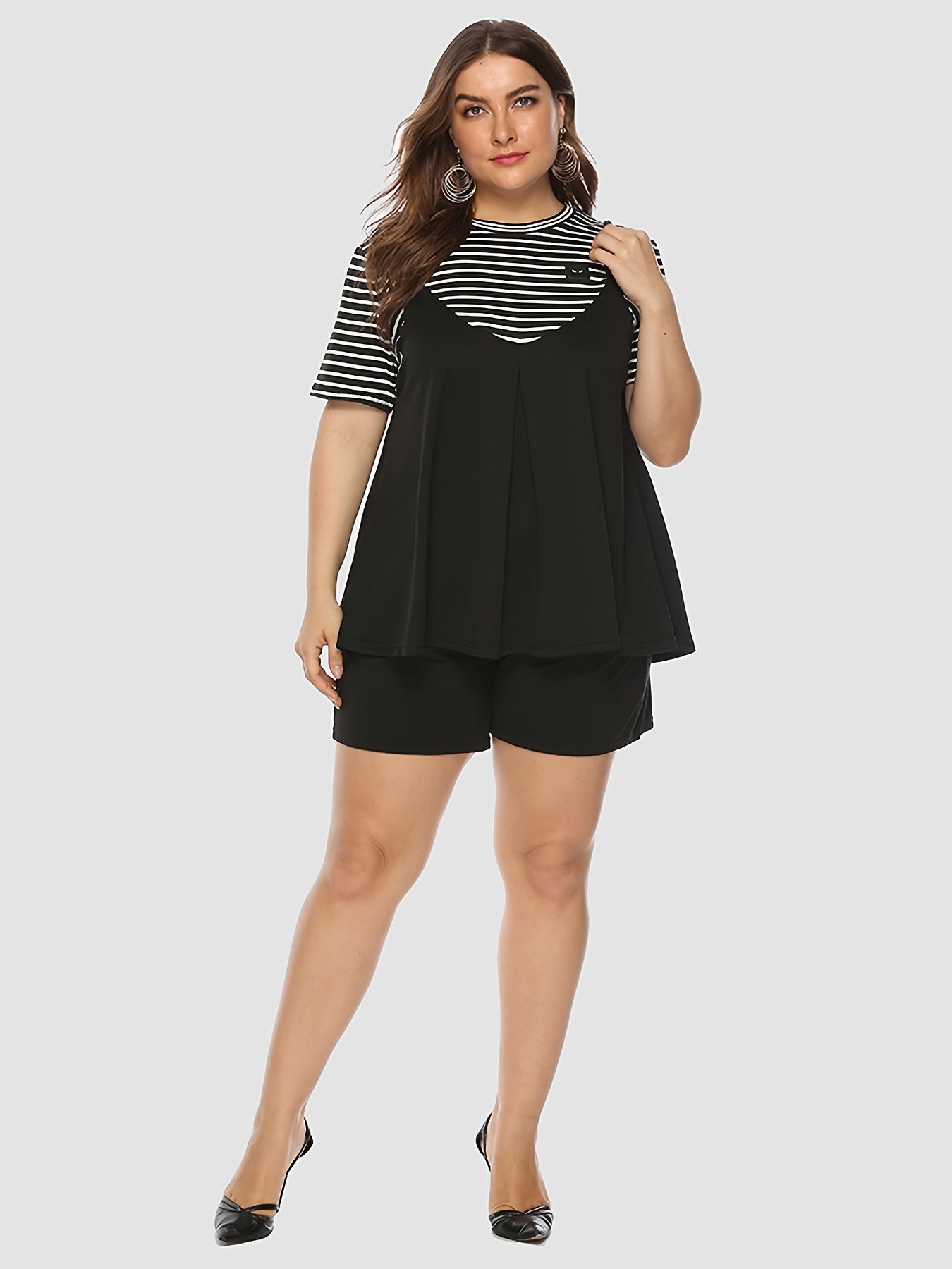 Colorblock Strip Print T-shirt & Shorts Set Plus Size Women's 2pcs Set