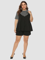 Colorblock Strip Print T-shirt & Shorts Set Plus Size Women's 2pcs Set