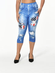 Flag & Denim Print High Waist Leggings