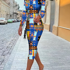 Backless Abstract Print Dress Sexy Long Sleeve Bodycon Midi Dress
