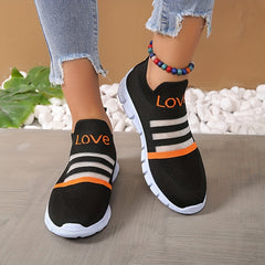 Women's Breathable Slip-On Sneakers LOVE Pattern Stripe Elastic Outdoor Shoes