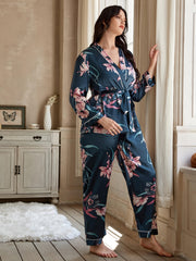 Satin Floral Print Pajama Set Women's Plus Loungewear 2pcs