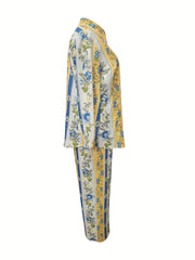 Floral & Geo Print Long Sleeve Button Up Shirt & Drawstring Pants