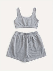 Casual Solid 2pc Set Crop Tank Top & Drawstring Shorts Outfit